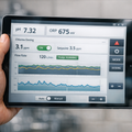 Technician reviewing remote commercial pool controller data and digital water test results