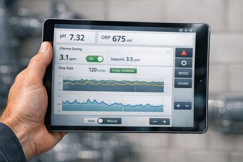 Technician reviewing remote commercial pool controller data and digital water test results
