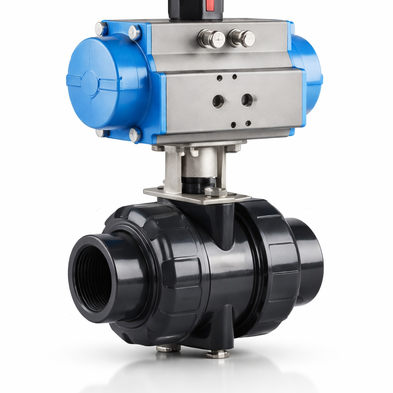 Ball valve with a blue and black pneumatic actuator on a white background