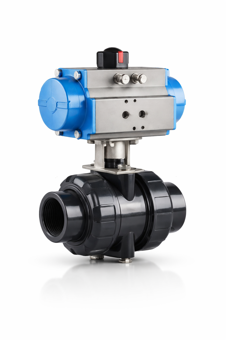 Ball valve with a blue and black pneumatic actuator on a white background