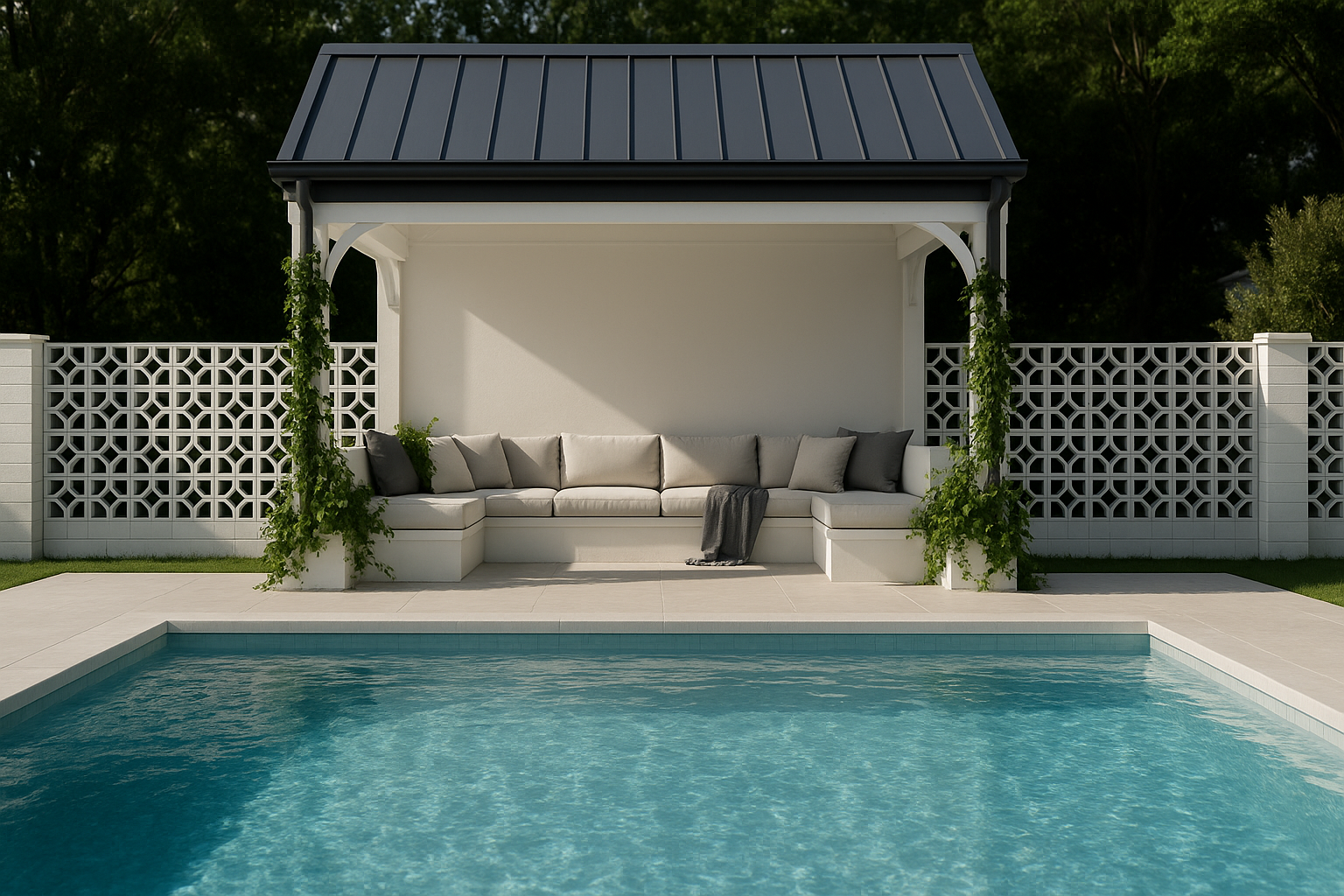 Pavilion with a sofa by a poolside with a white fence and greenery in the background