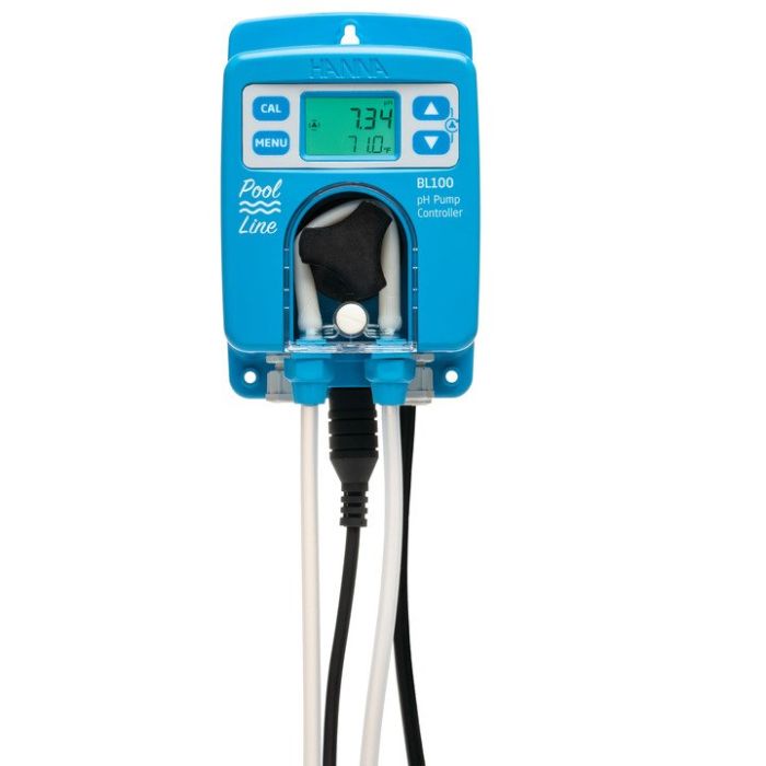 Blue pH pump controller with digital display on a white background