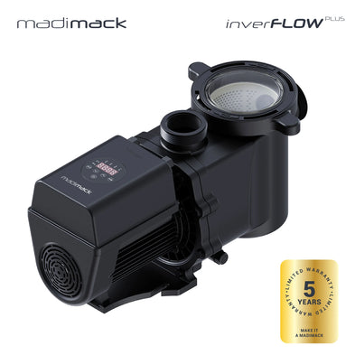 Black pump with a 5 year warranty, 'madimack' branding and 'inverFLOW plus' feature on a white background.