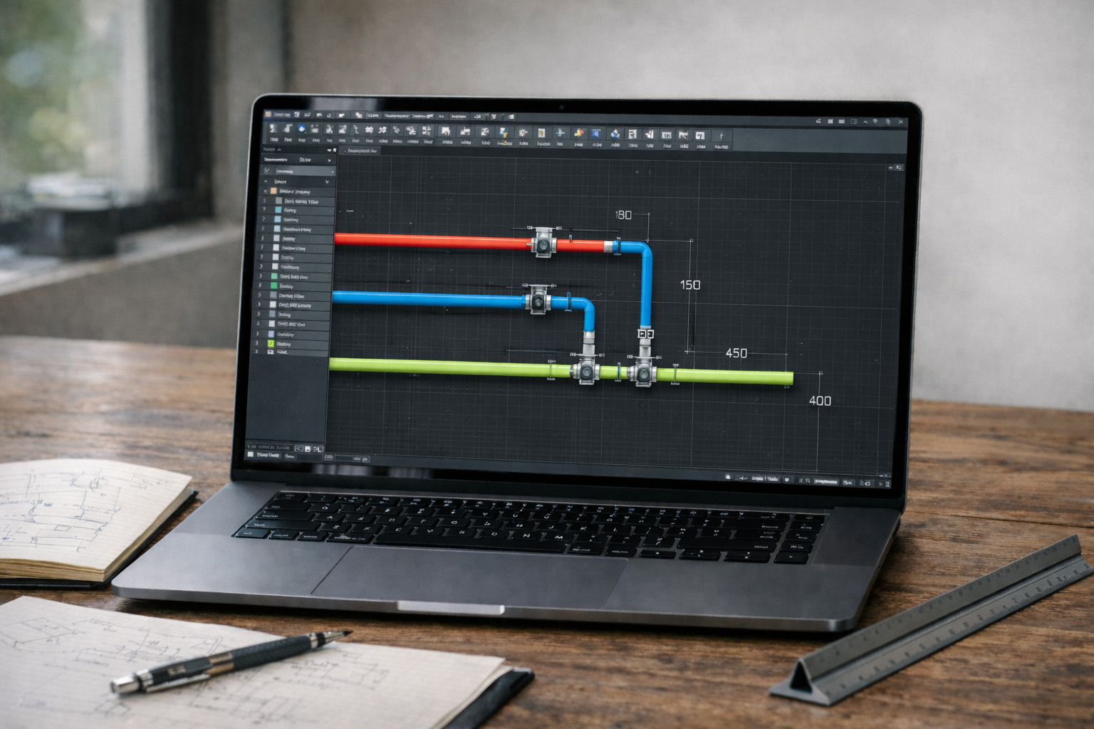 Aquatic engineer designing a bespoke pipework manifold and plant room upgrade on a laptop.
