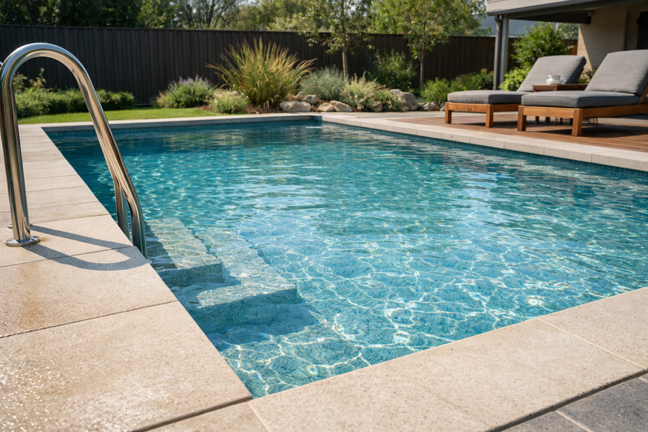 Swimming pool with lounge chairs and garden in the background
